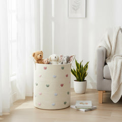 LemonRoad Macaron Heart Laundry Hamper open with clothes illustrating large 60L capacity.