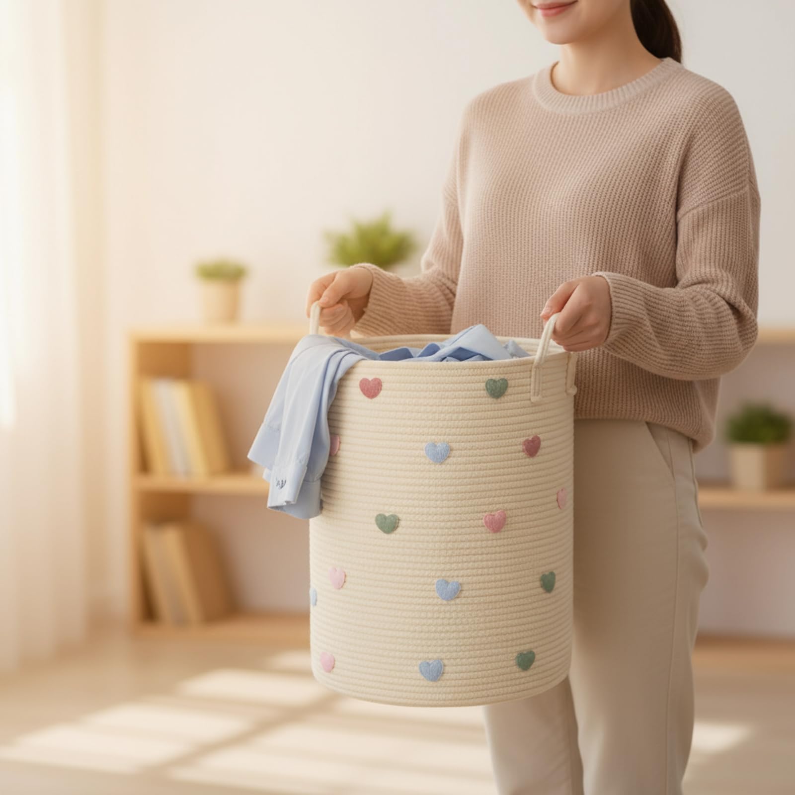 LemonRoad Macaron Heart Laundry Hamper in bedroom decor for tidy playroom storage.