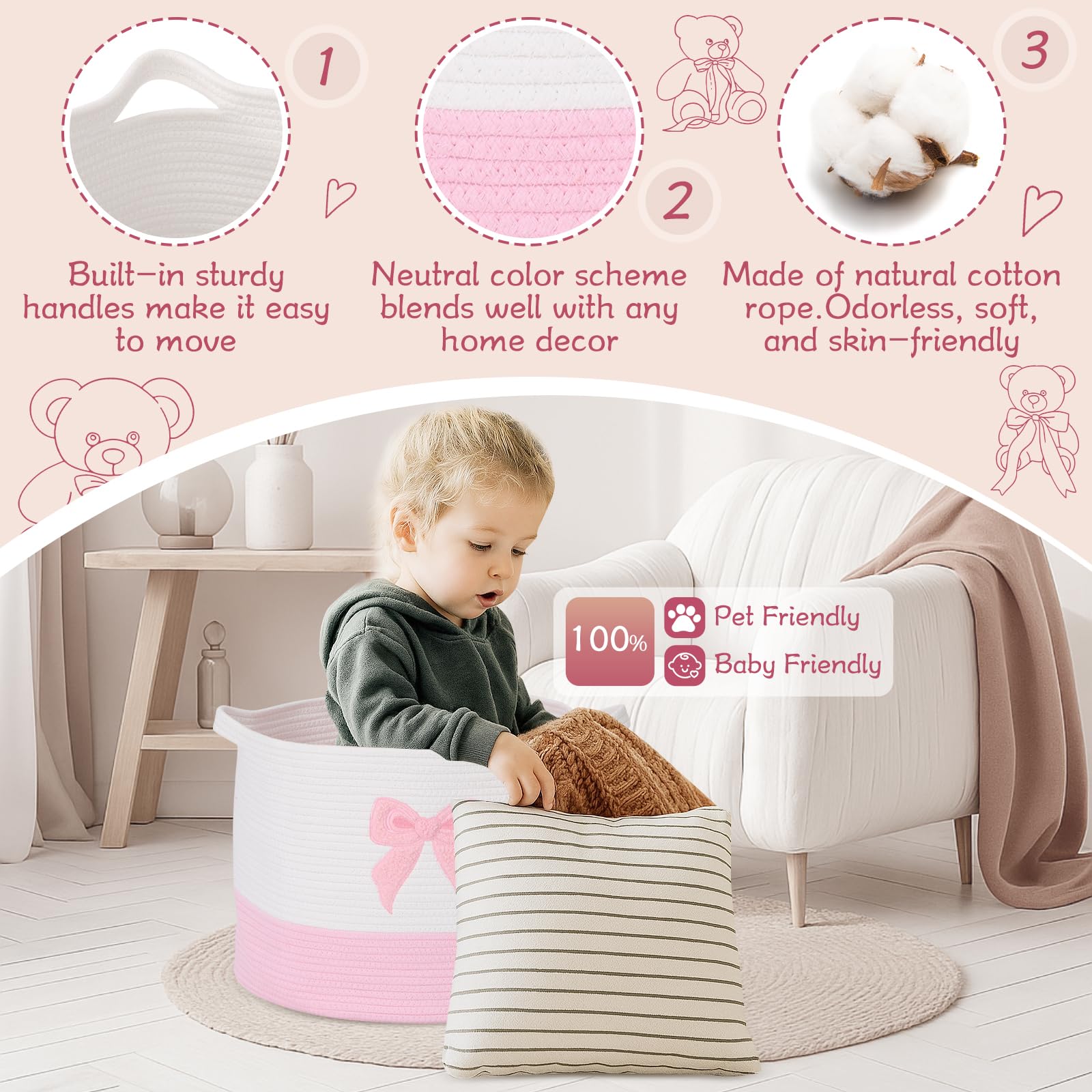 LemonRoad Pink Bow Extra Large Basket woven texture and bow accent enhance decor.