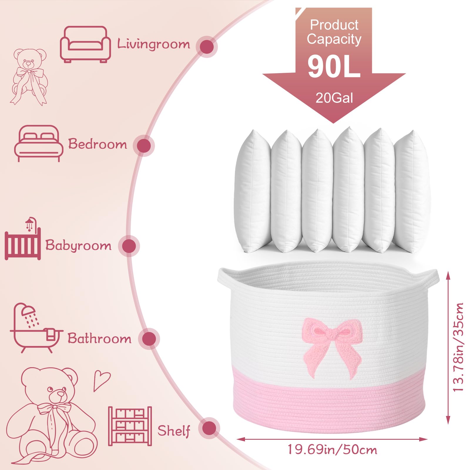 LemonRoad Pink Bow Extra Large Basket in nursery for toy and diaper storage.
