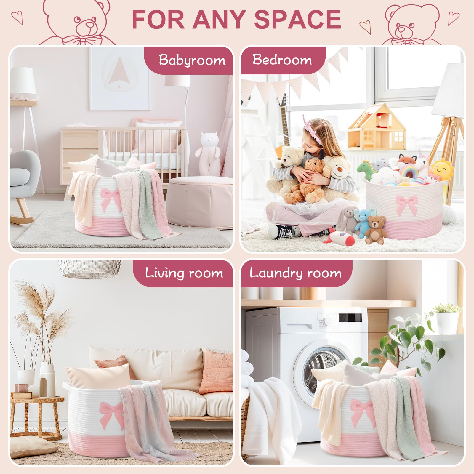 LemonRoad Pink Bow Extra Large Basket as a stylish toy and blanket organizer.