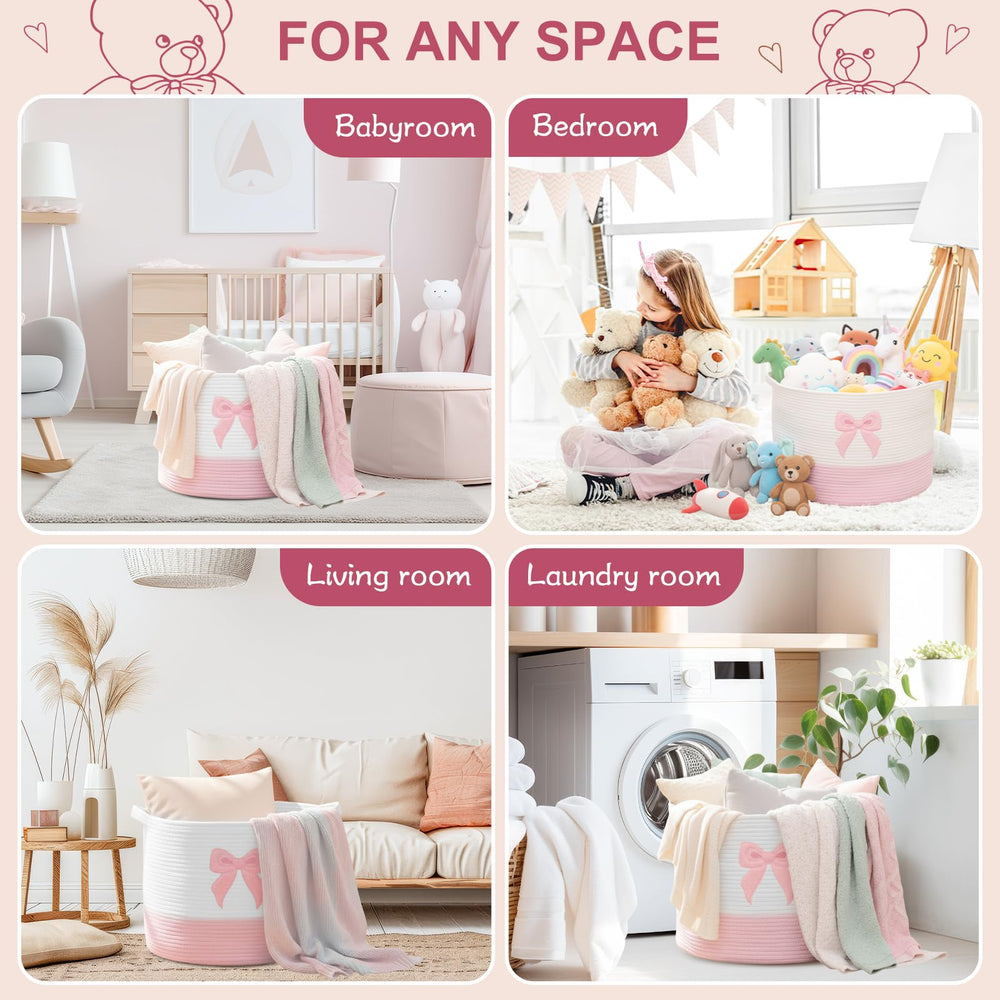LemonRoad Pink Bow Extra Large Basket as a stylish toy and blanket organizer.