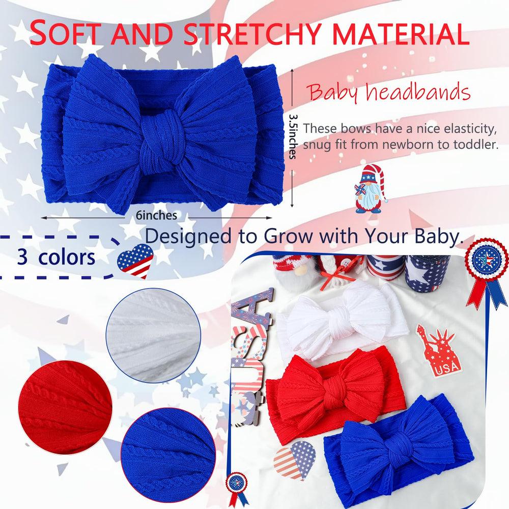 LemonSpace 4th of July blue bow on infant headband ready for photos.