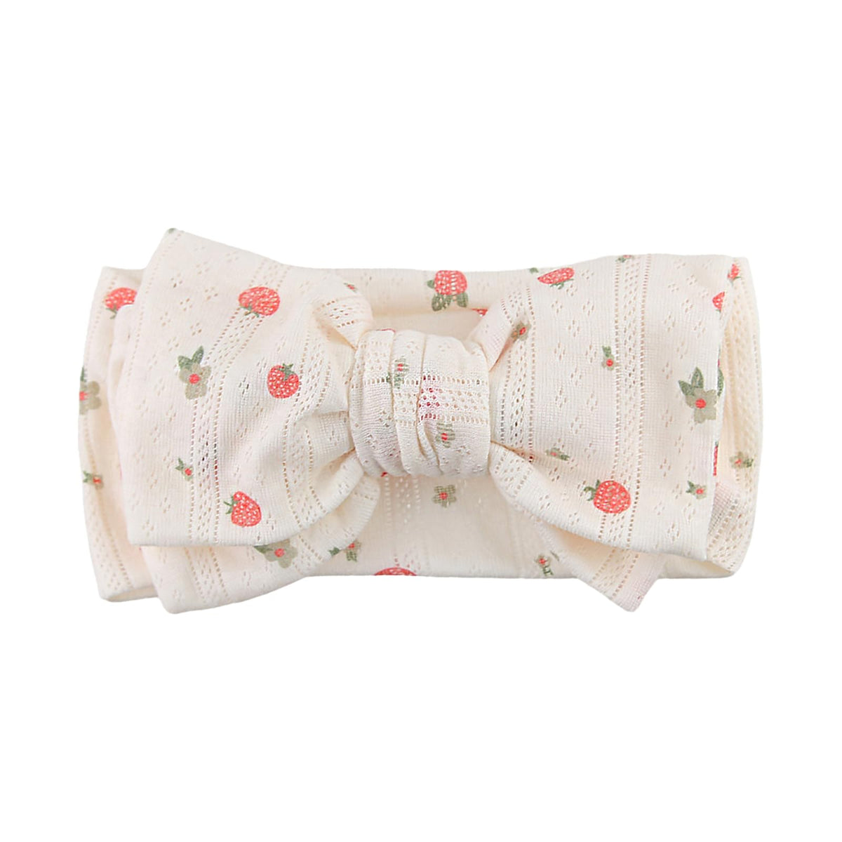 LemonSpace knotted double bows strawberry-print headband on newborn for everyday outfits.