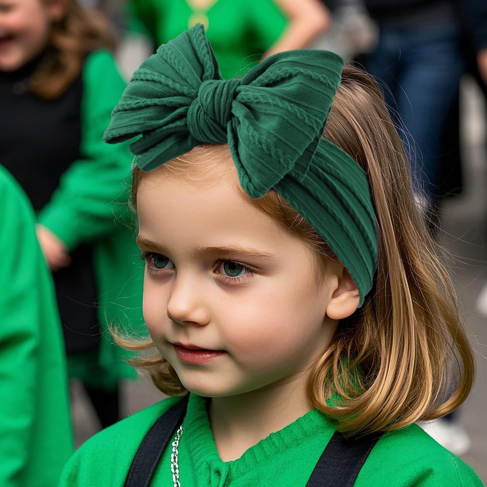 LemonSpace green bow headband closeup emphasizes cute dress-up look for portraits.