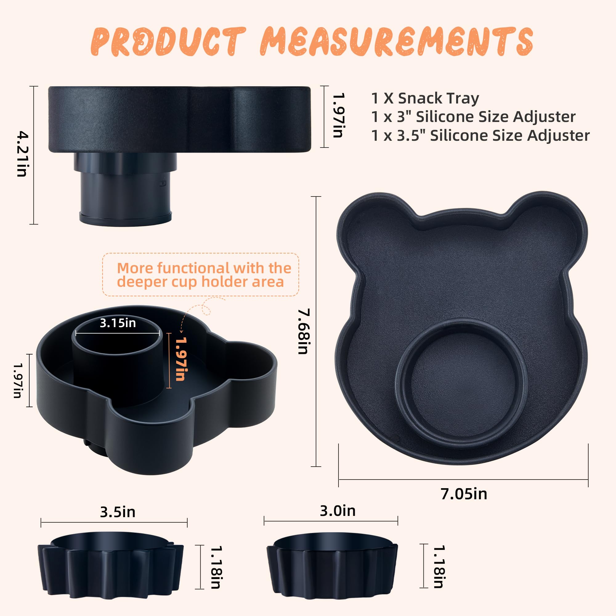 LEORAY tray fits most cup holders 2.8 to 3.5 inches for secure placement