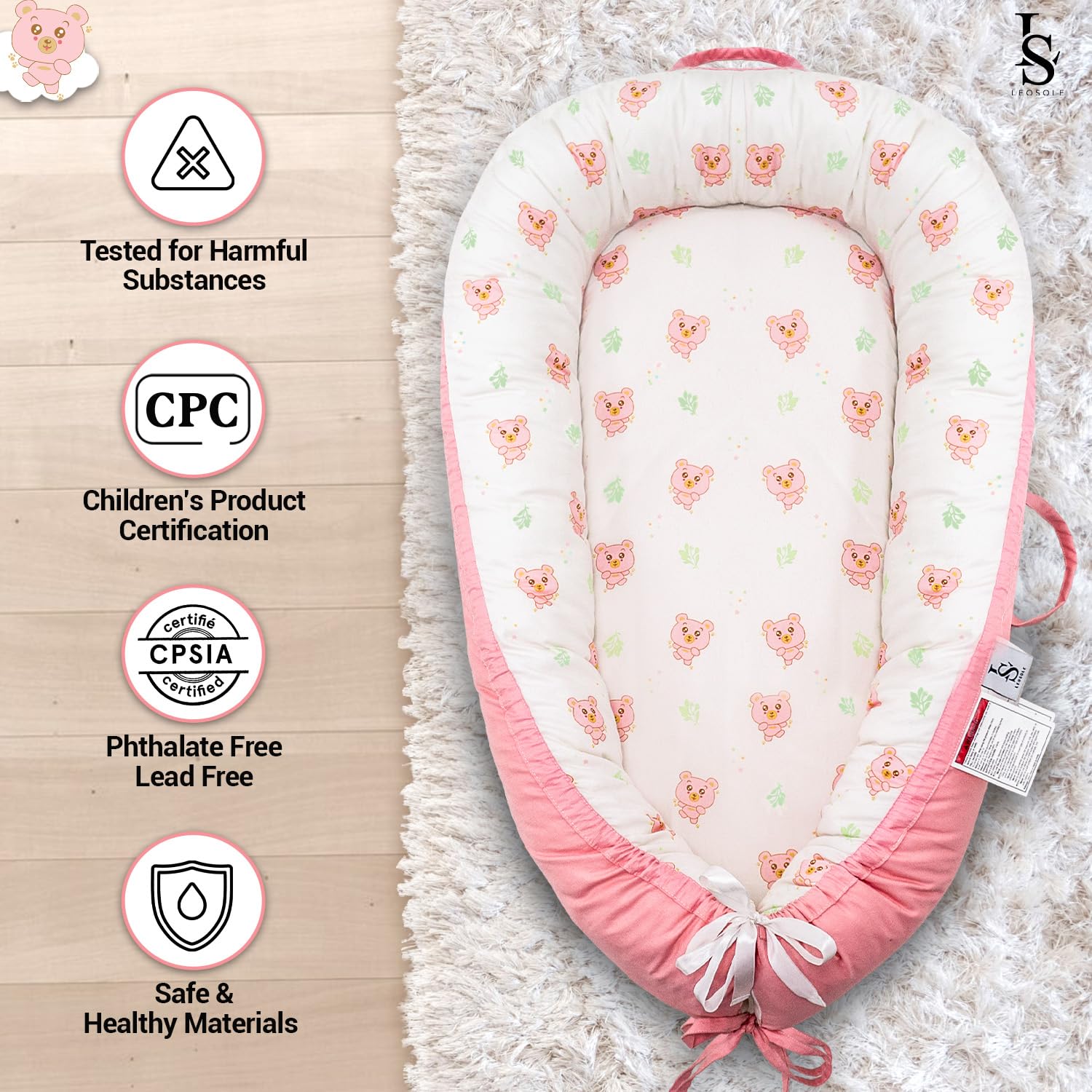 LEOSOLE baby lounger with 360 wraparound edges provides secure snuggle
