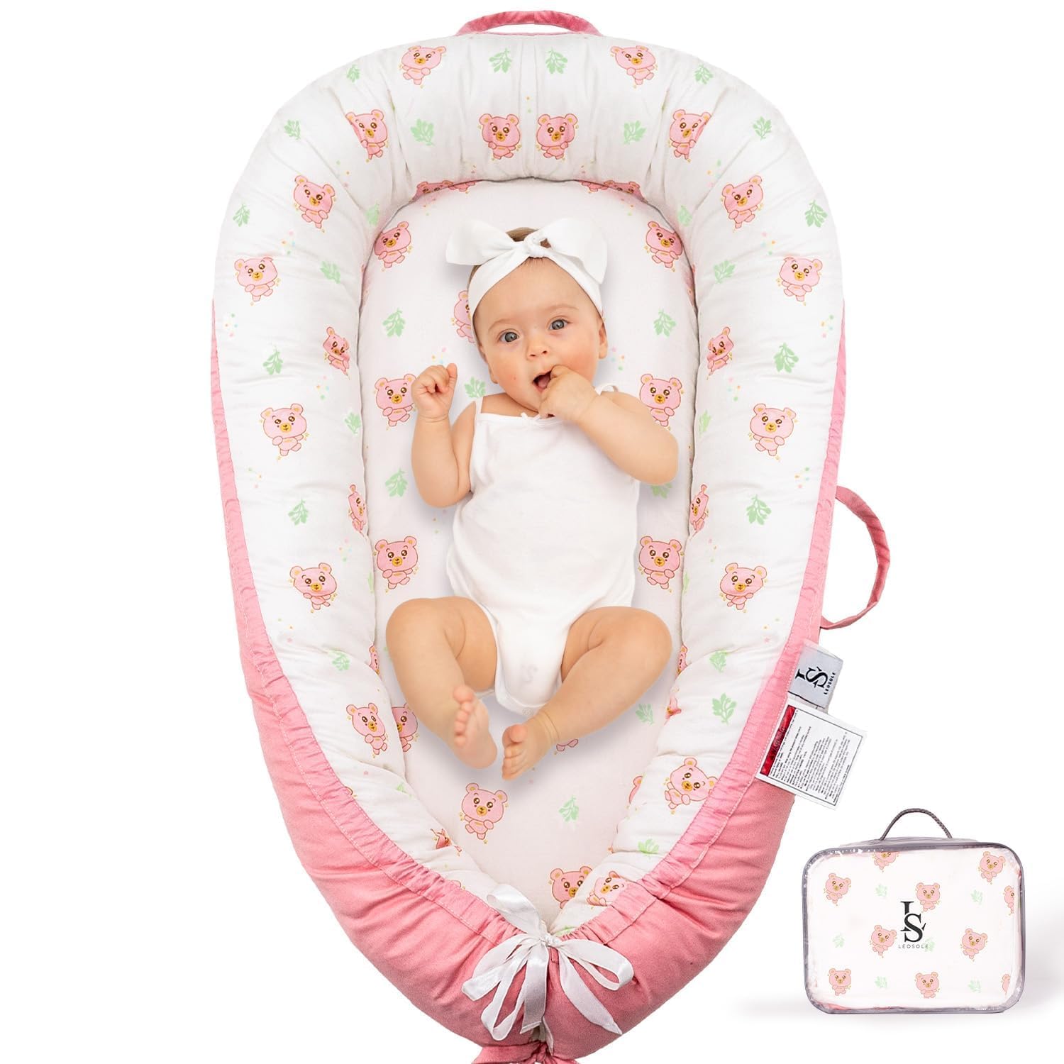 LEOSOLE blush bear pink cover shows reversible style for newborn comfort