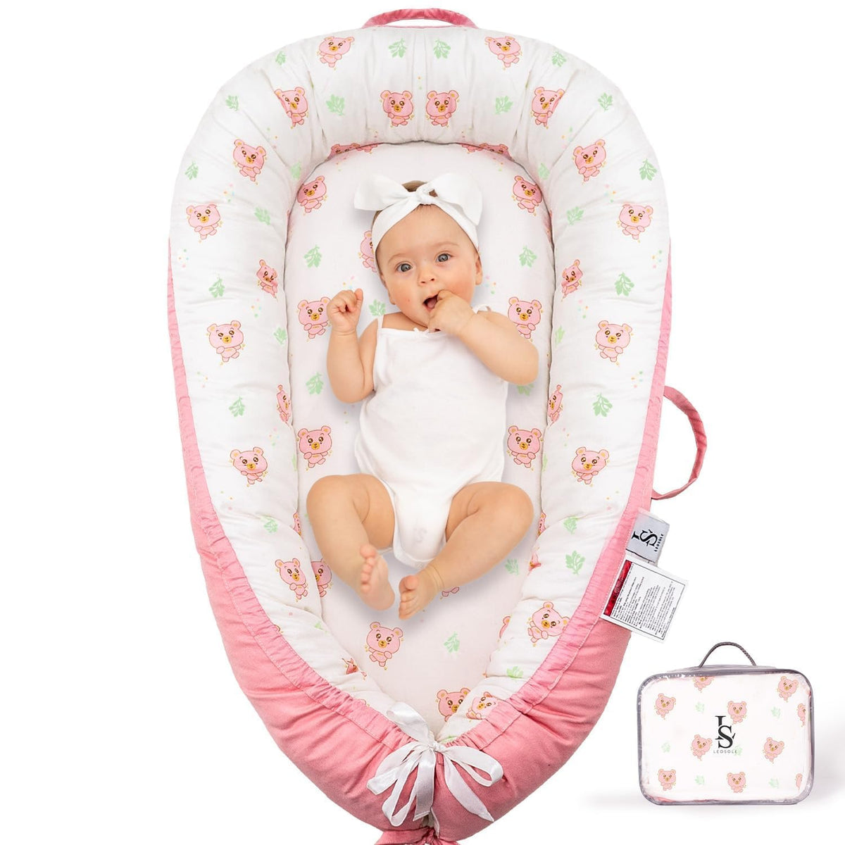 LEOSOLE blush bear pink cover shows reversible style for newborn comfort
