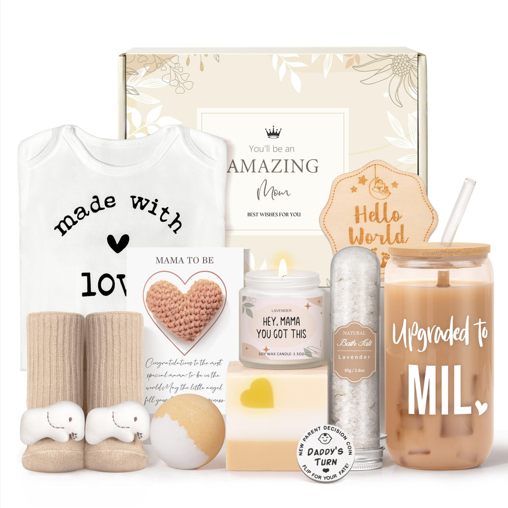 Lepiche new mom gift box displays a complete care package for celebration and support.