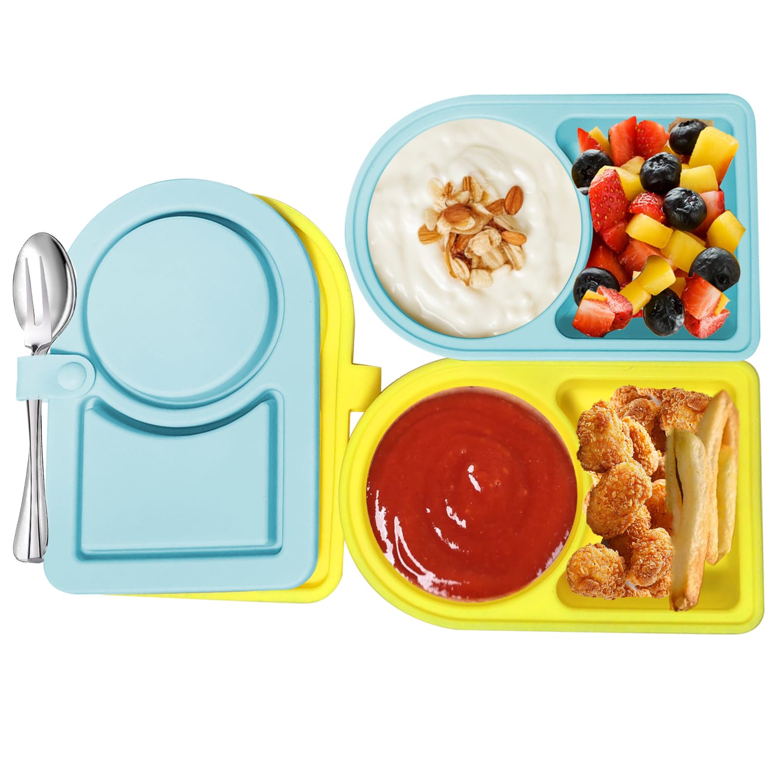 LEQBO 2pack silicone snack containers with blue and yellow lids for mess-free lunches.