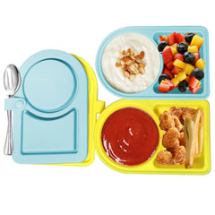 LEQBO 2pack silicone snack containers with blue and yellow lids for mess-free lunches.