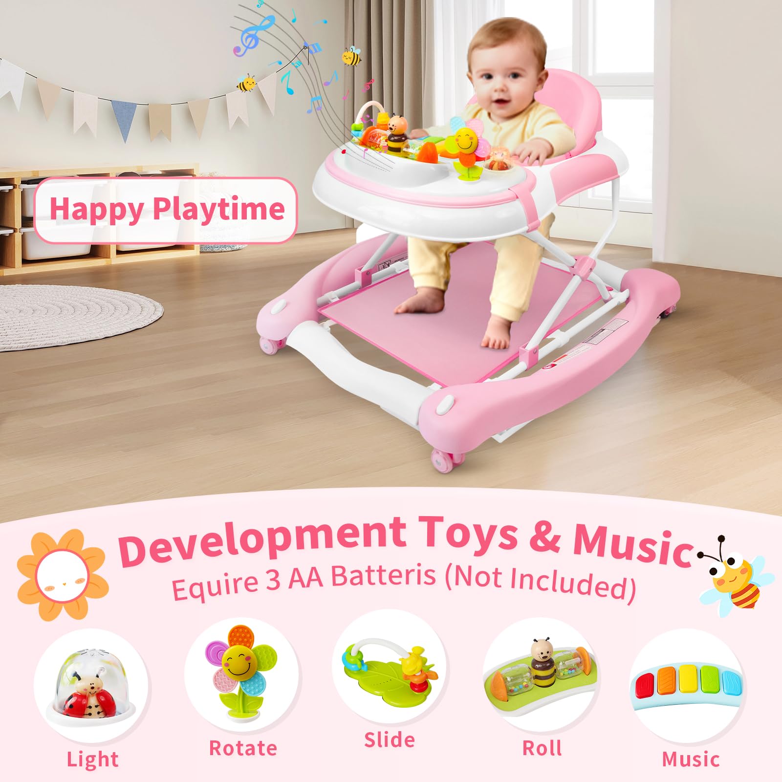 Lerrutue 5-in-1 baby walker in bouncer mode engages tiny legs with gentle bouncing.