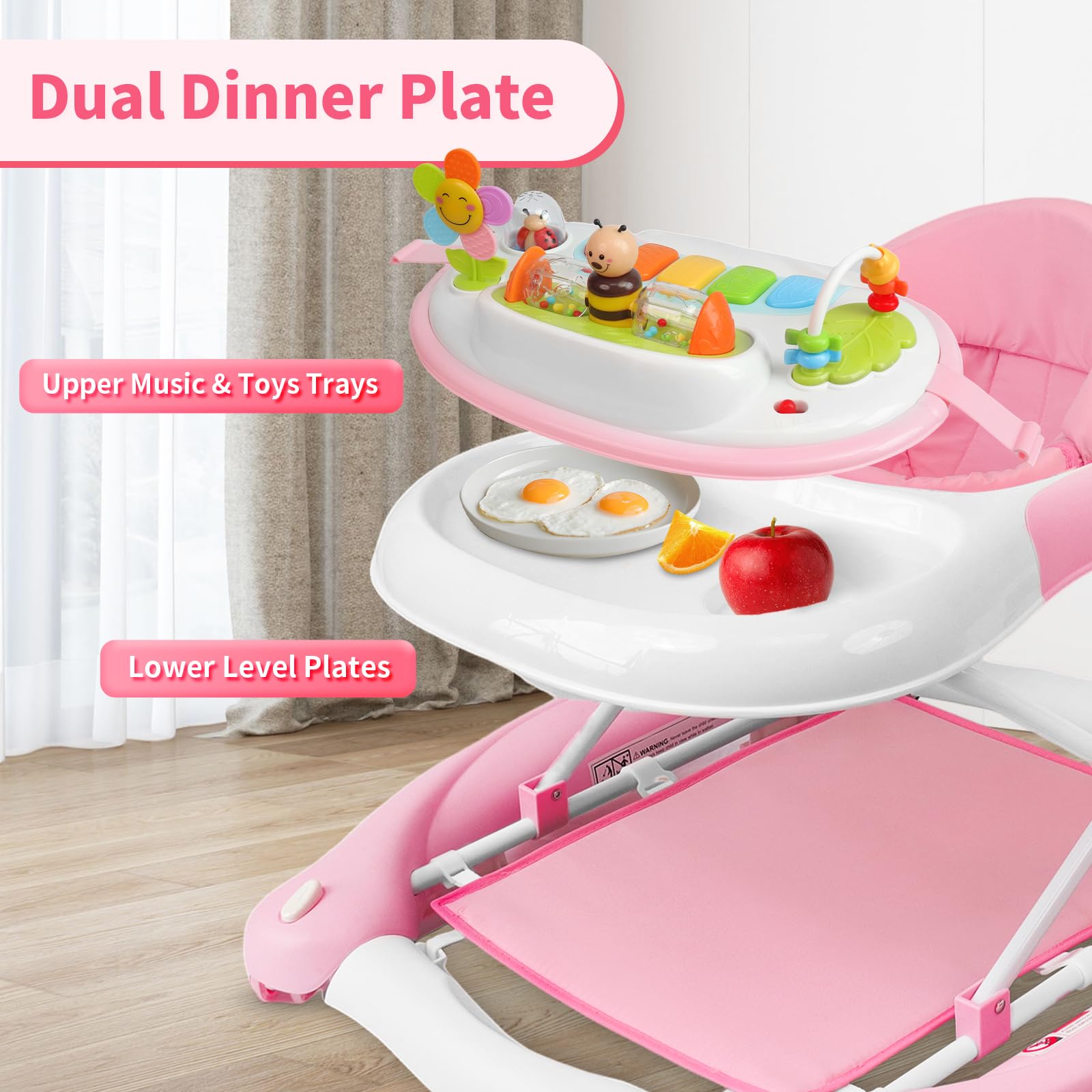 Lerrutue 5-in-1 baby walker with dining tray enables meals on the go.