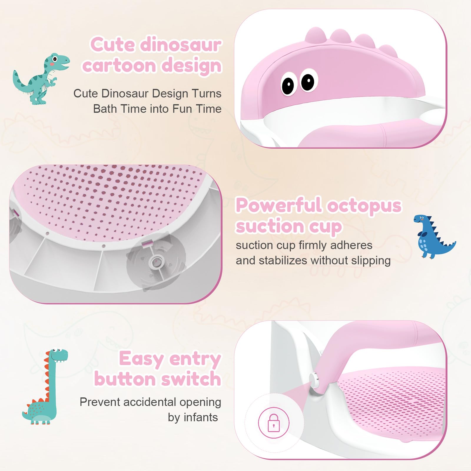 Lerrutue dinosaur-shaped seat adds fun while bath time stays organized.