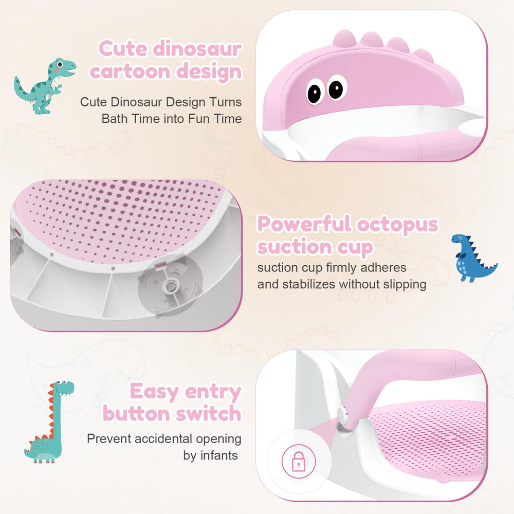 Lerrutue dinosaur-shaped seat adds fun while bath time stays organized.