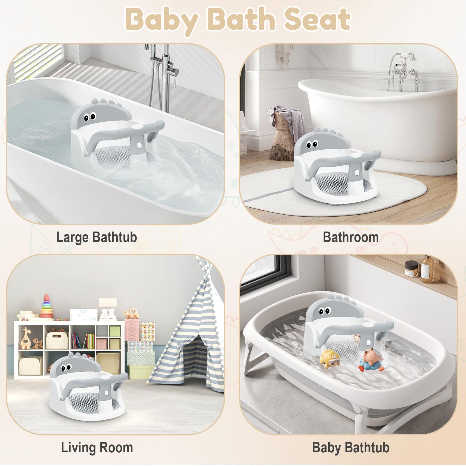 Lerrutue dinosaur-shaped bath seat adds playful engagement during routine baths.