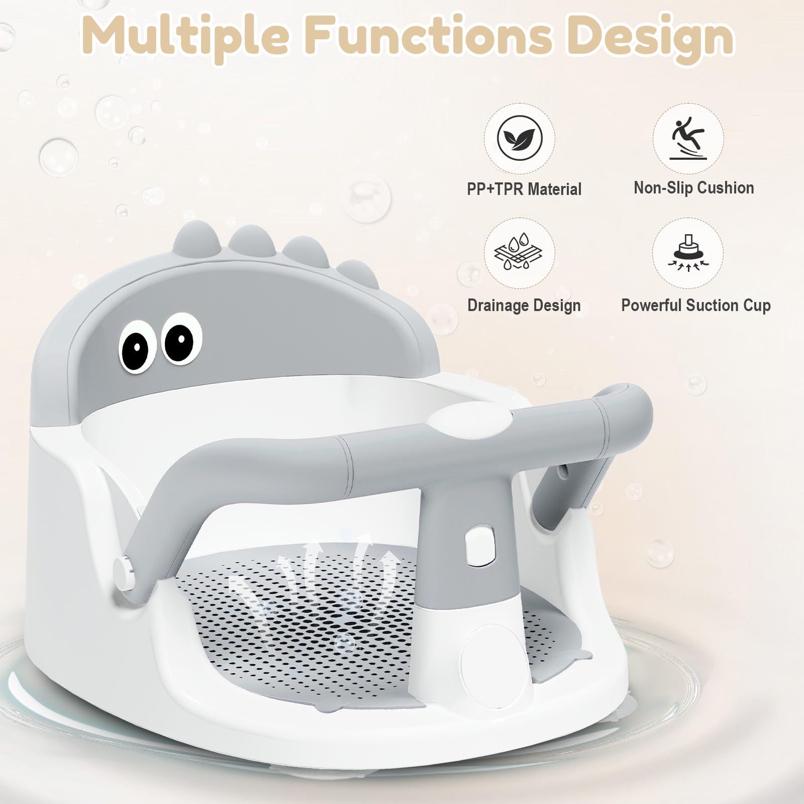 Lerrutue ergonomic backrest supports baby's spine for comfortable, calm baths.