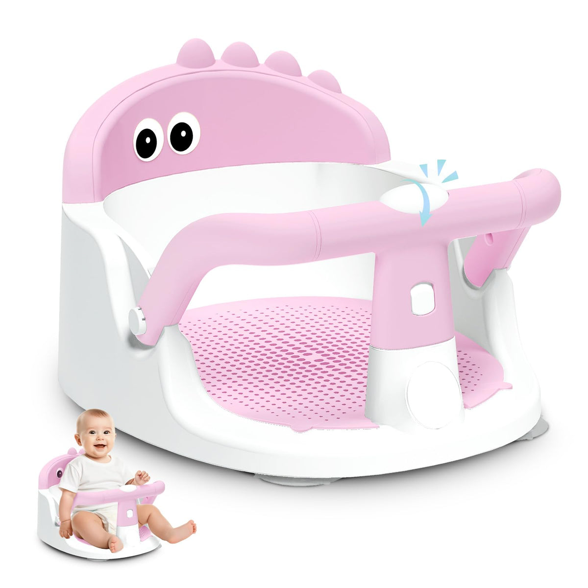 Lerrutue baby bath seat pink front view shows secure seating for calm bath time.