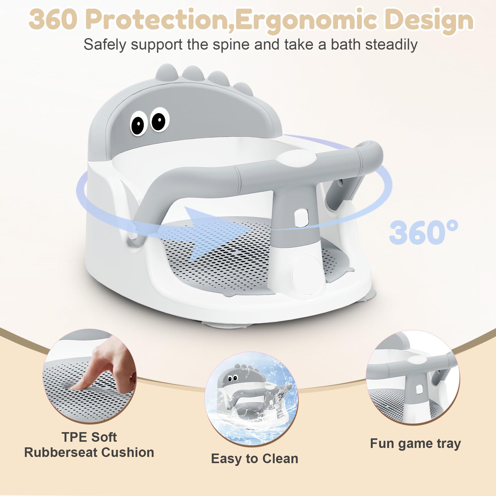Lerrutue two-in-one play-seat design offers safe, compact versatility for tub and floor use.
