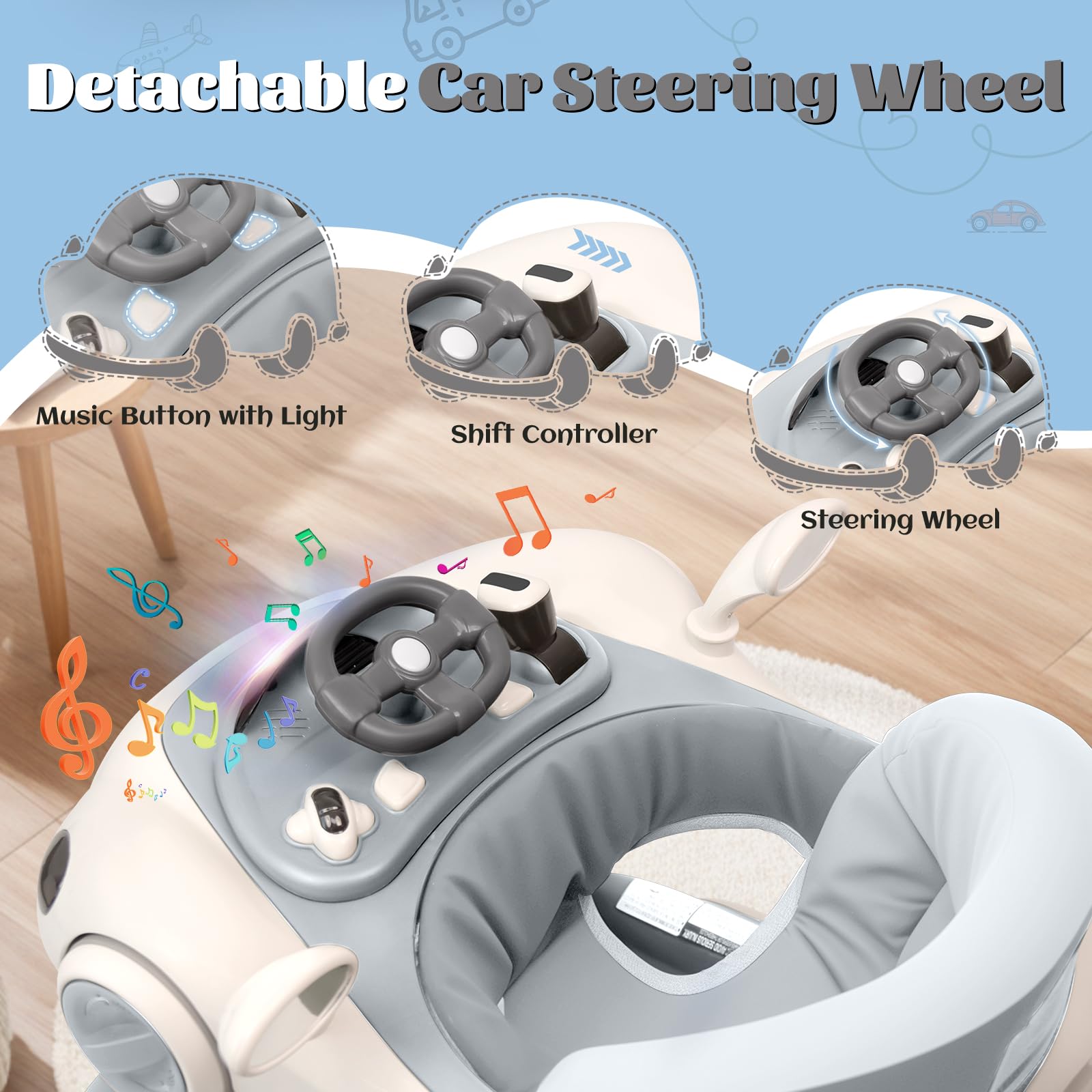 Lerrutue baby walker anti-slip pads and wide wheels for stable movement