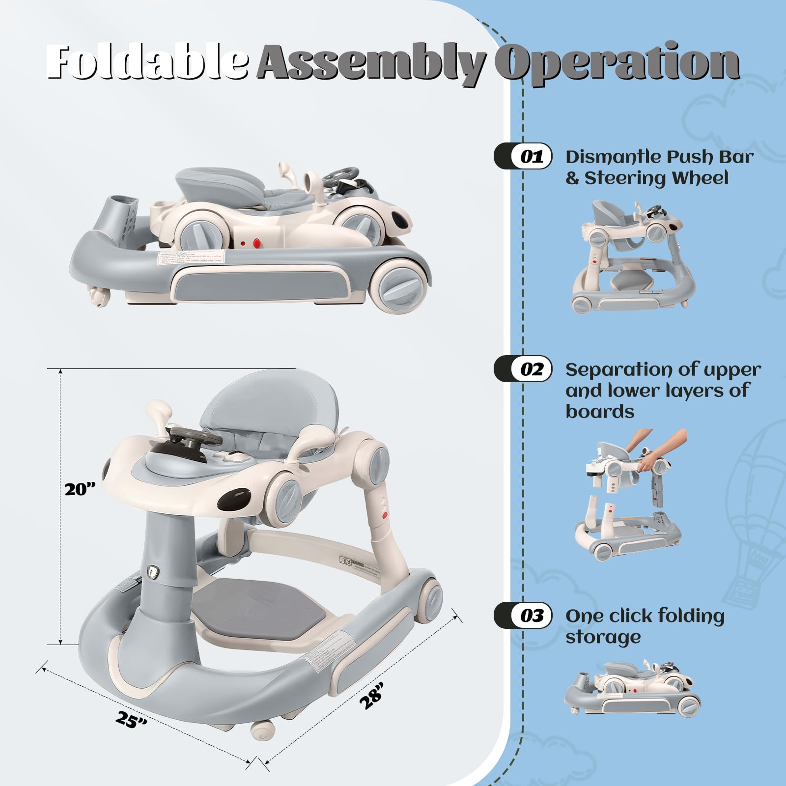 Lerrutue baby walker folded compact to emphasize travel-friendly design