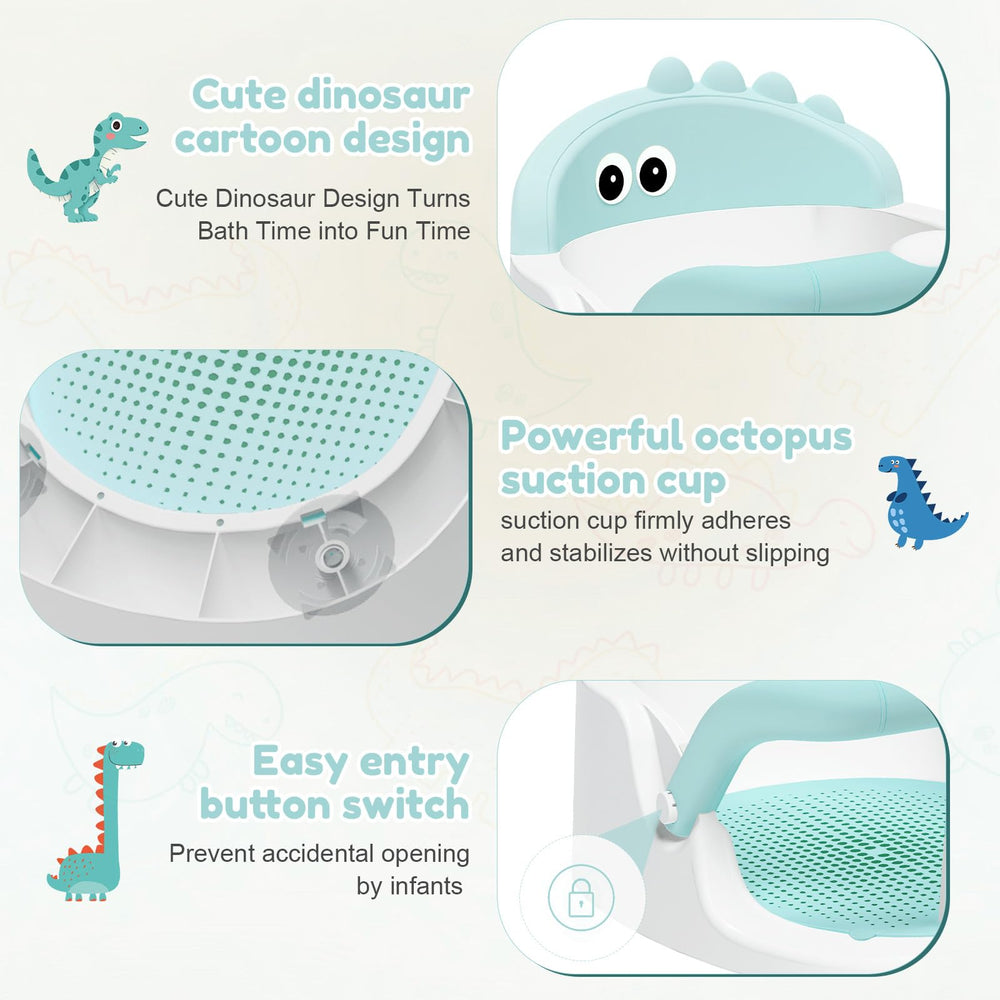 Lerrutue dinosaur-shaped bath seat adds playfulness while keeping baby secure.