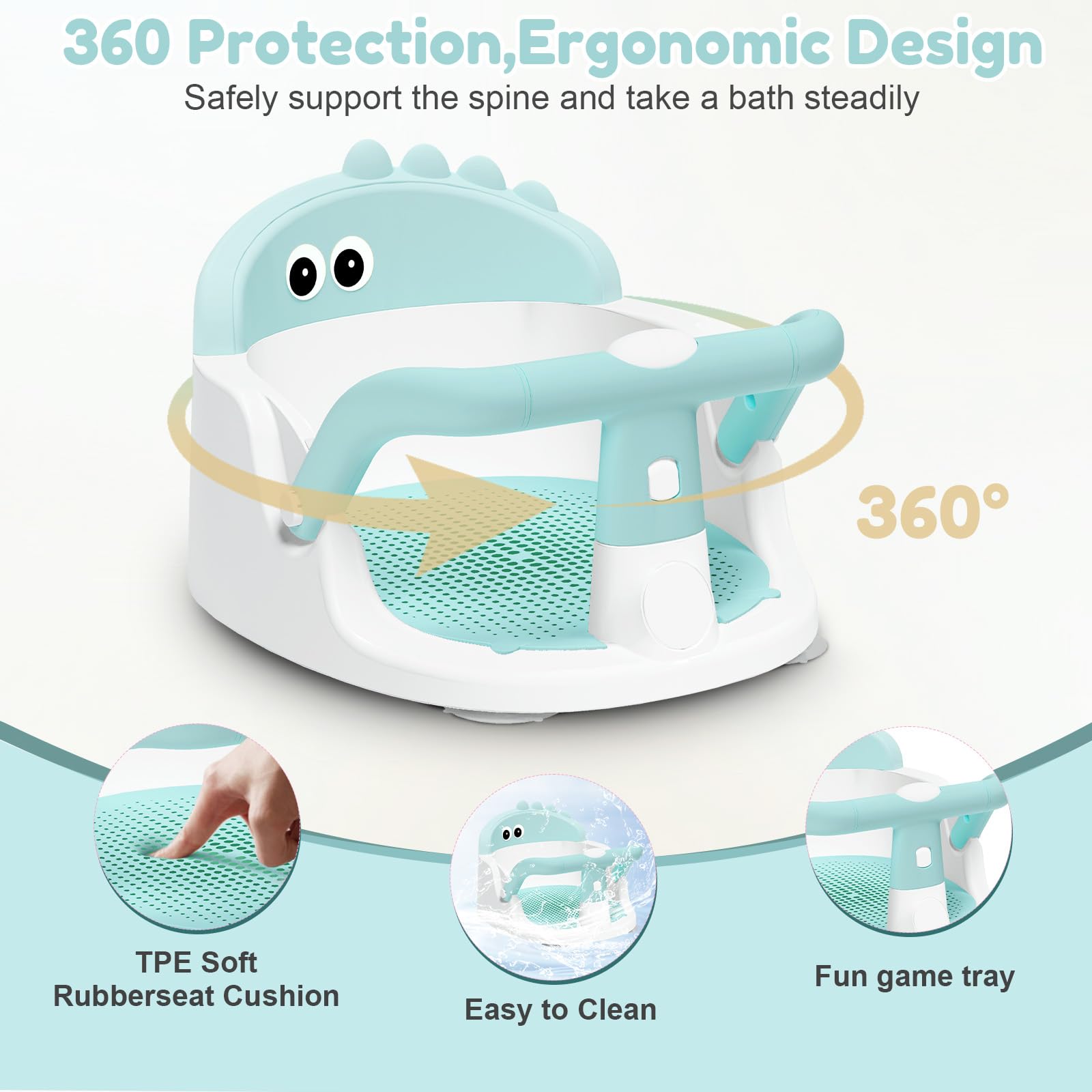 Lerrutue ergonomic backrest supports baby's spine for relaxed bath sessions.
