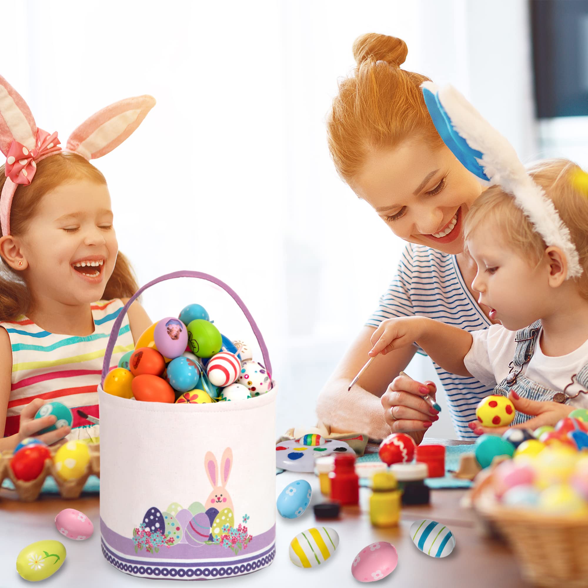 LessMo Easter basket unfolded in use during an egg hunt with kids.