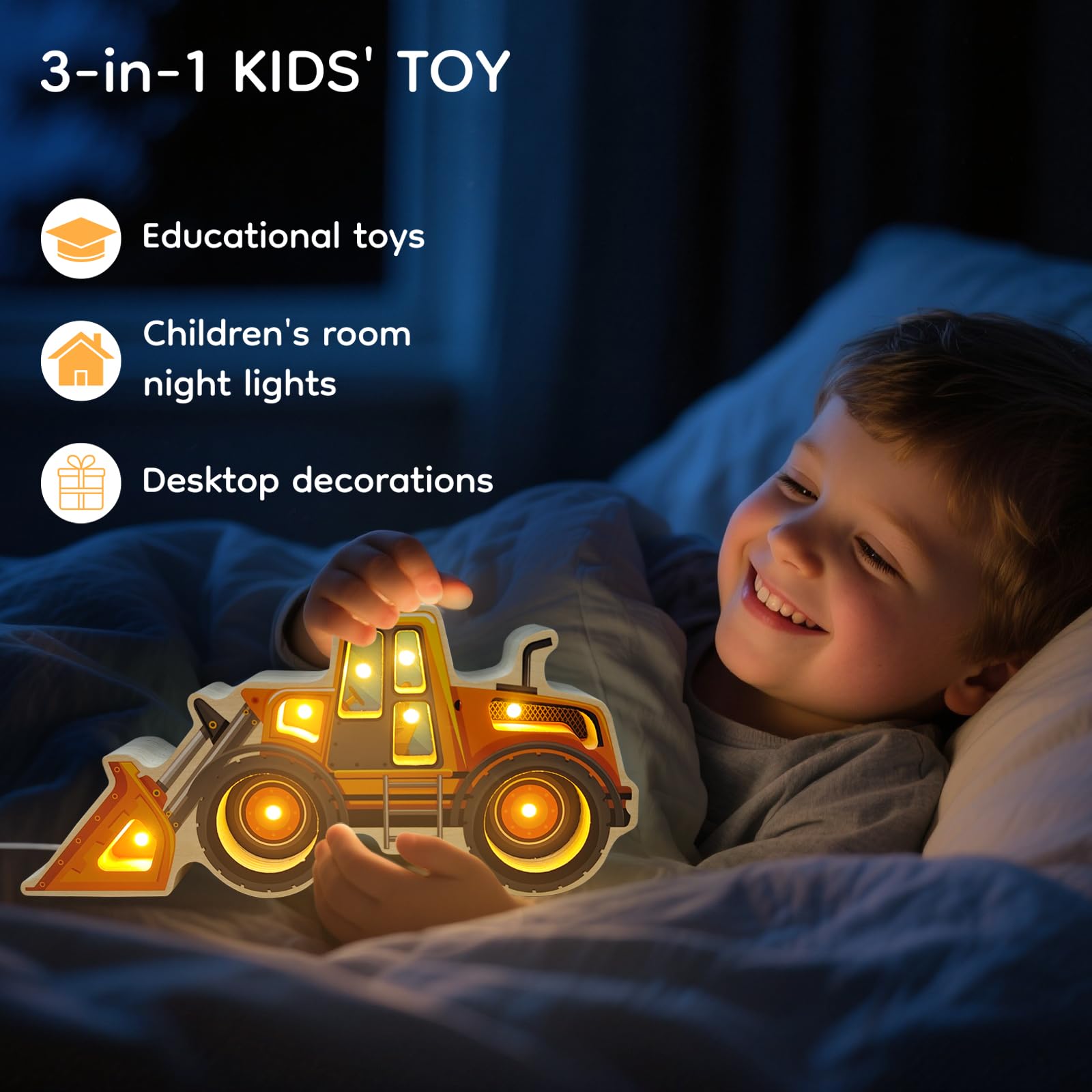 Letoiz wooden loader night light shown on a child's desk promoting safe, non-toxic finish.
