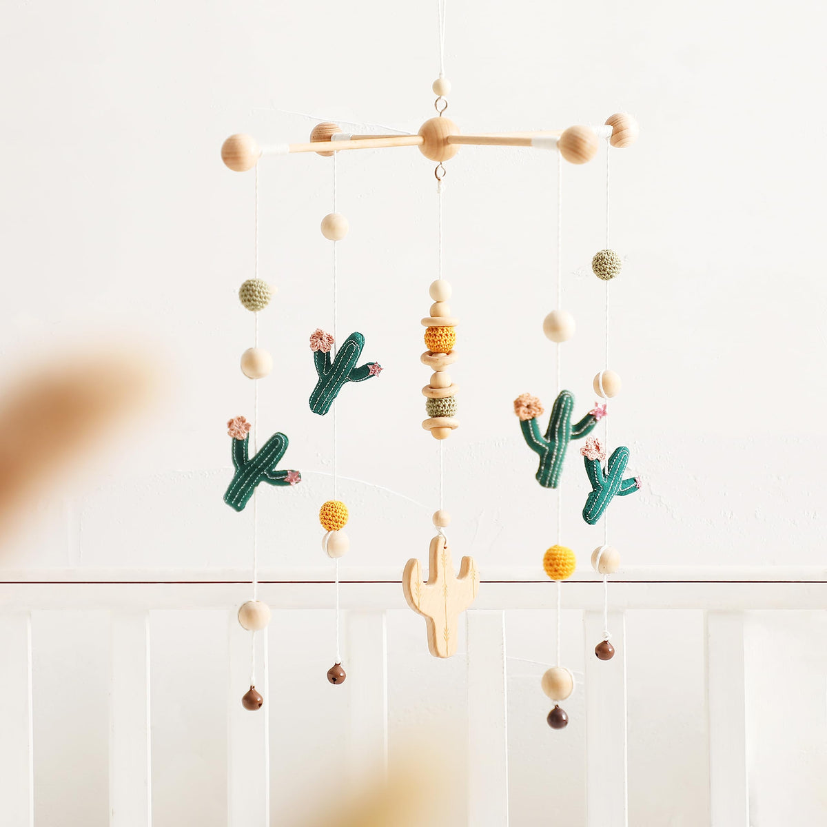 Let's Make baby cactus mobile green with wooden beads visual engagement for baby