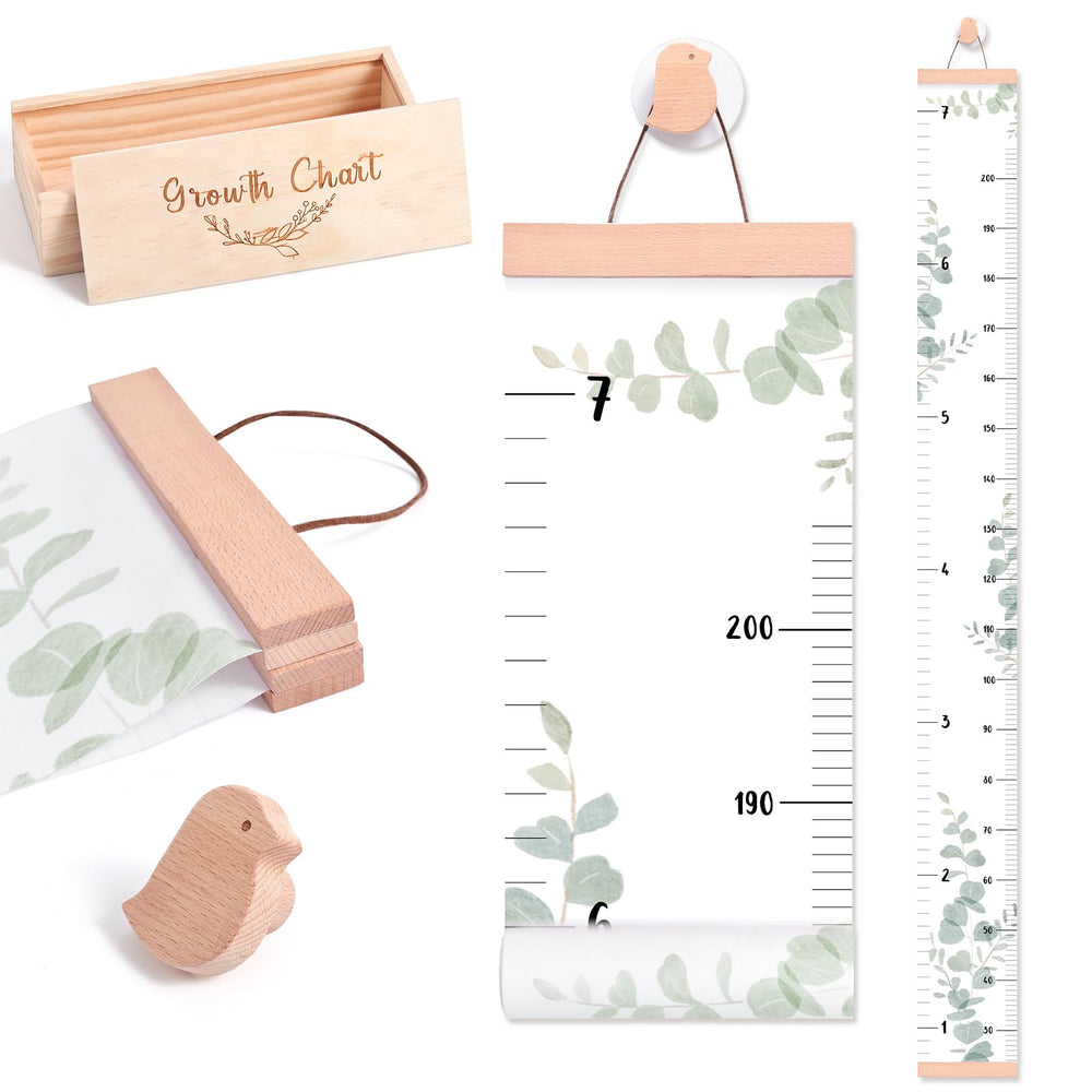 lets make growth chart wall 7ft front view showing keepsake box and neutral decor