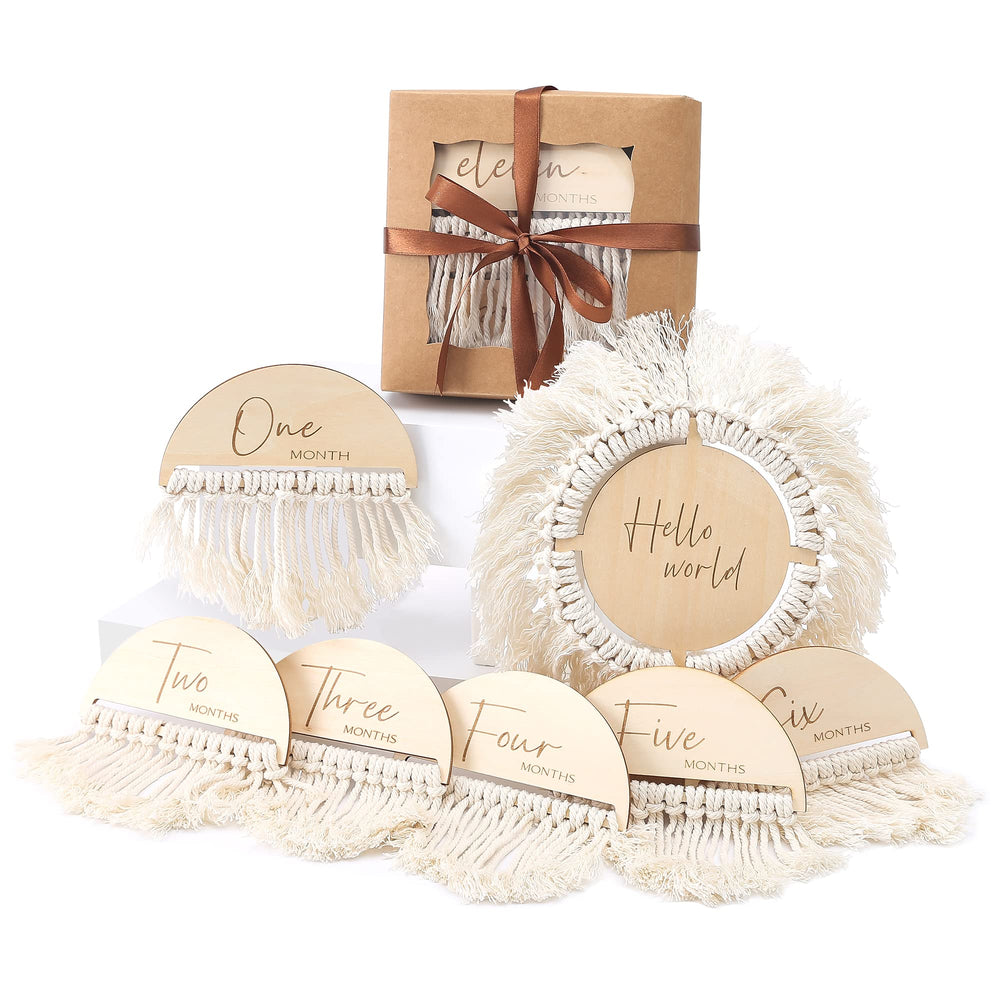 Let's Make boho baby milestone hello-world-sign enhances newborn photo memories.