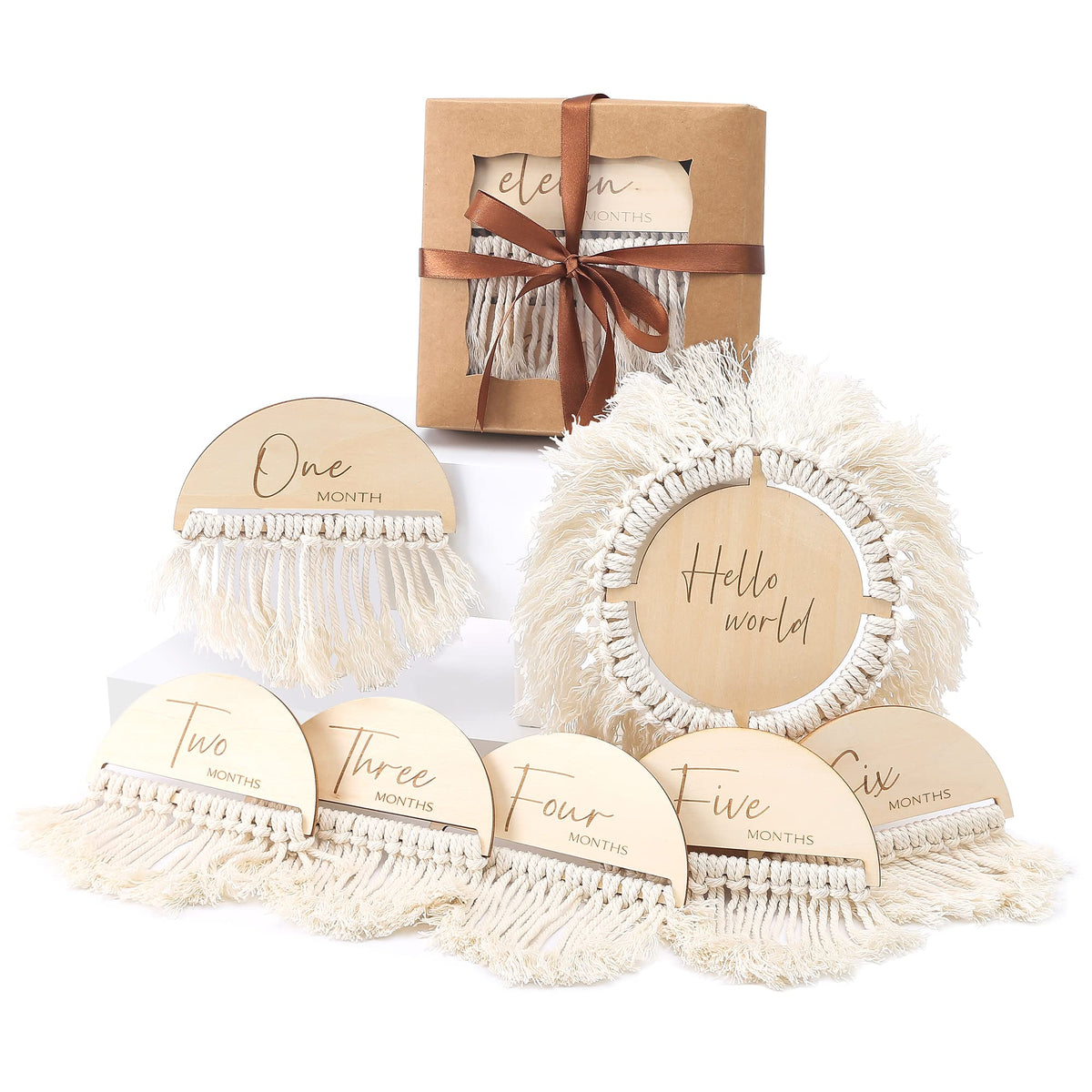 Let's Make boho baby milestone hello-world-sign enhances newborn photo memories.