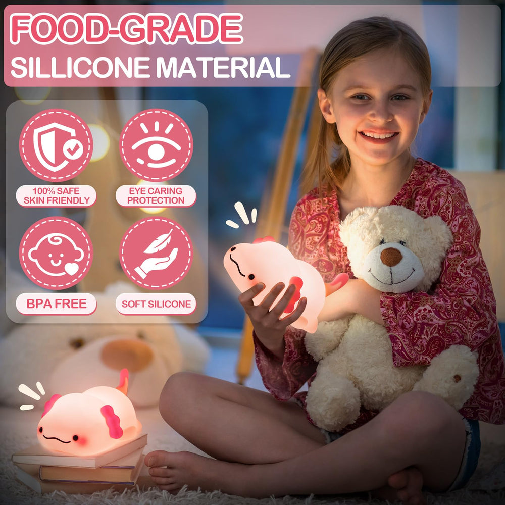 LettreQ axolotl night light showcases 30-minute timer and energy savings.