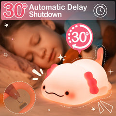 LettreQ axolotl night light glowing mode for ambient sleep atmosphere.