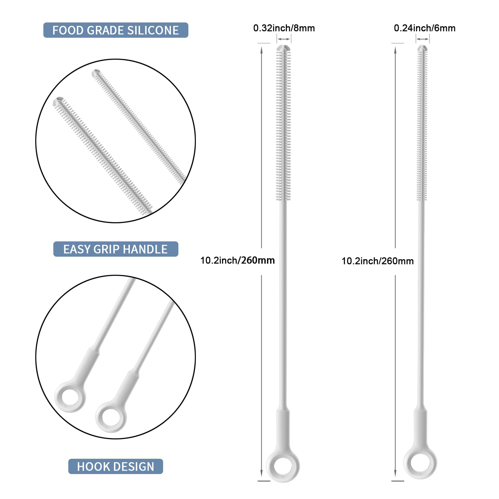 Leucite silicone straw cleaner with flexible bristles for thorough cleaning.