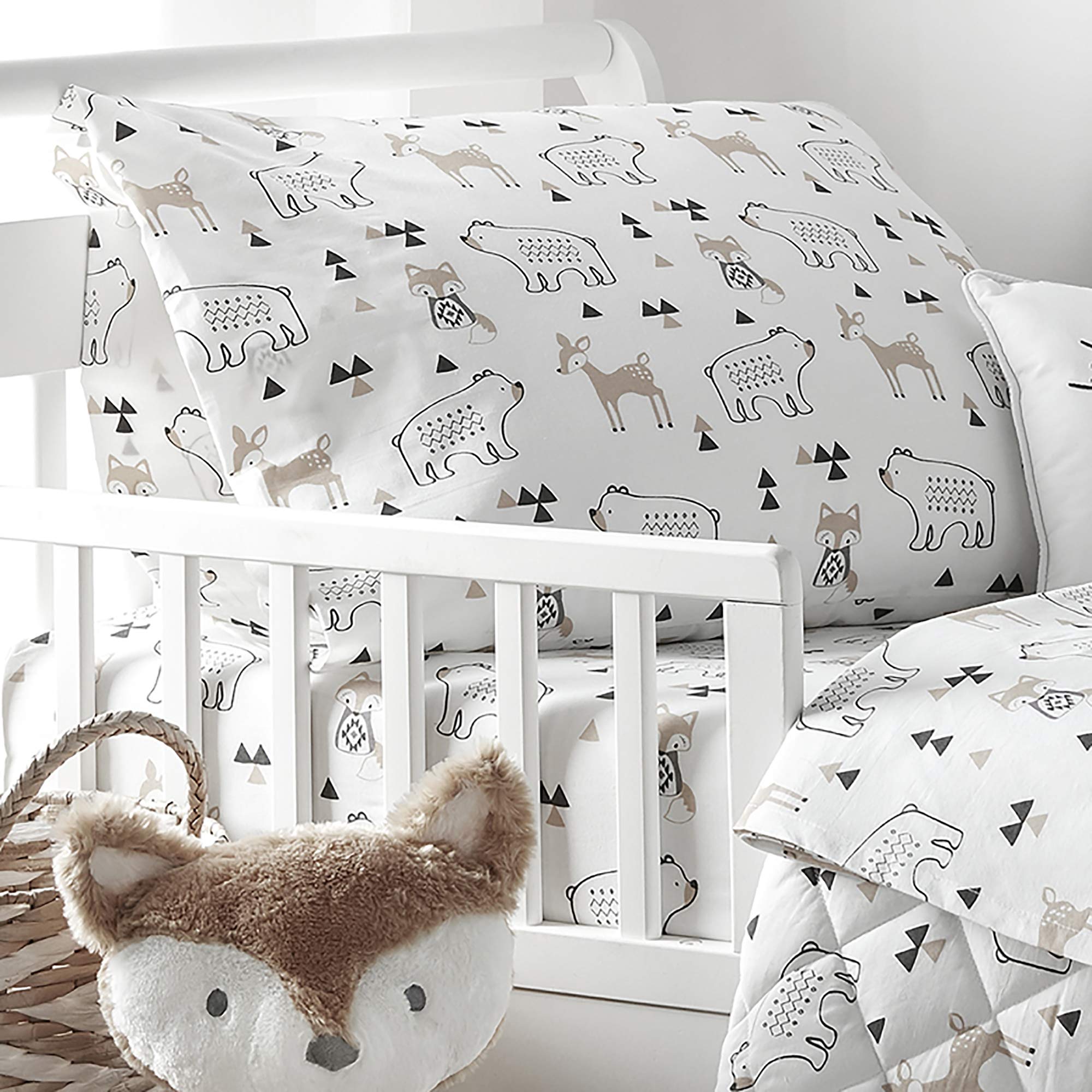 Levtex Baby Bailey Bear fitted sheet close-up highlighting soft, easy care fabric.