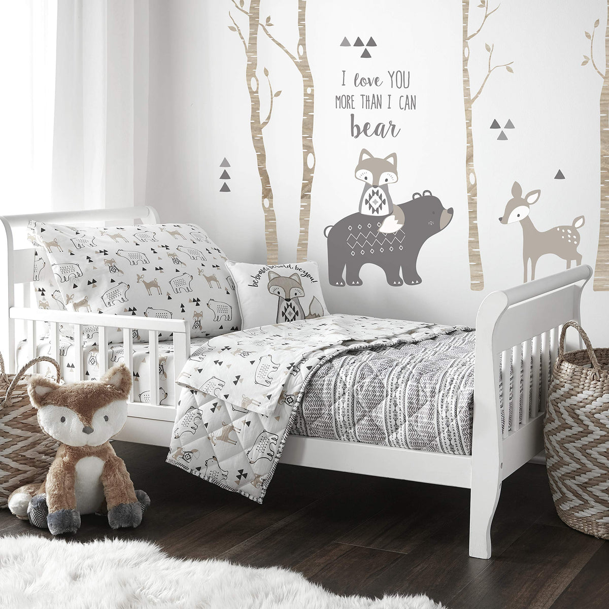 Levtex Baby Bailey Bear quilt close-up showing neutral woodland print for cozy naps.