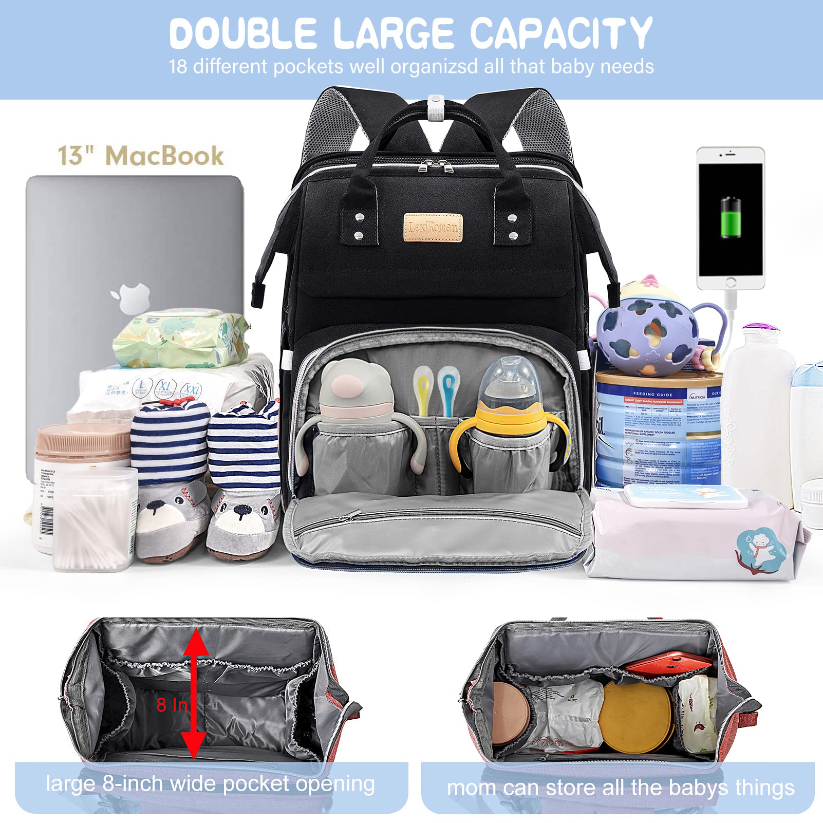 LexiRoman diaper bag backpack changing pad, a soft surface for comfortable diaper changes.