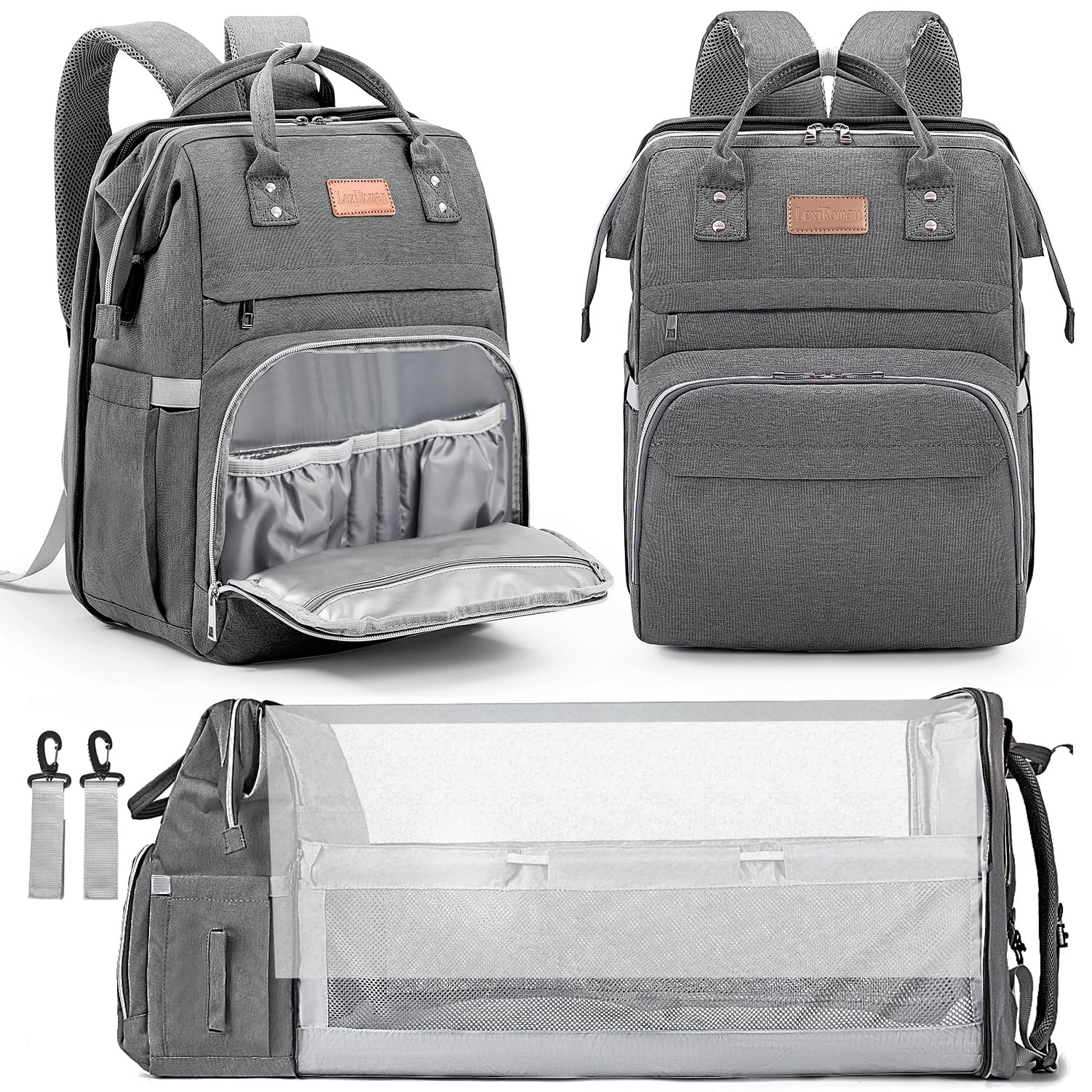 LexiRoman diaper bag backpack front view in dark gray for stylish hands-free travel.
