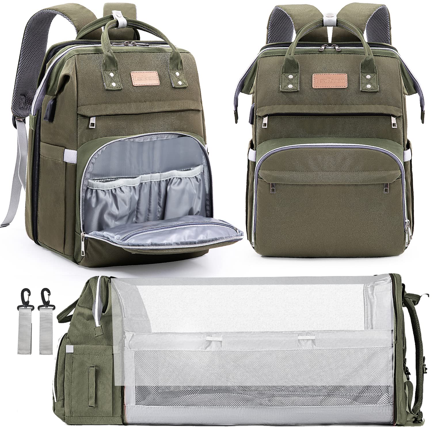 LexiRoman diaper bag backpack front view with organized pockets for on-the-go parents.