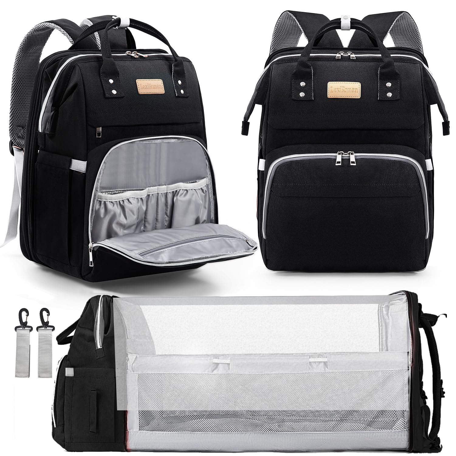 LexiRoman diaper bag backpack front view, showcasing organized pockets for on-the-go essentials.