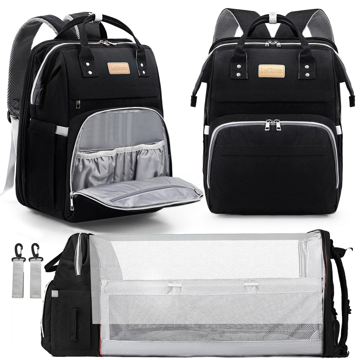 LexiRoman diaper bag backpack front view, showcasing organized pockets for on-the-go essentials.