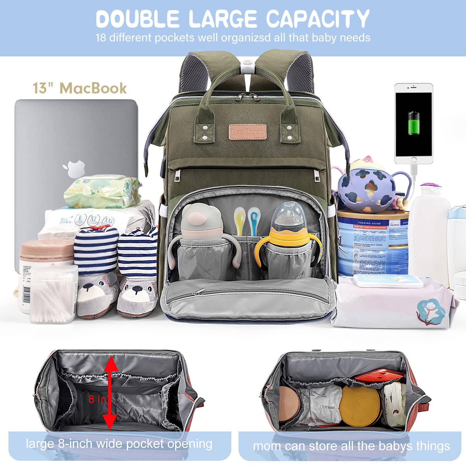 LexiRoman diaper bag backpack insulated bottle pockets keep bottles at the right temperature.