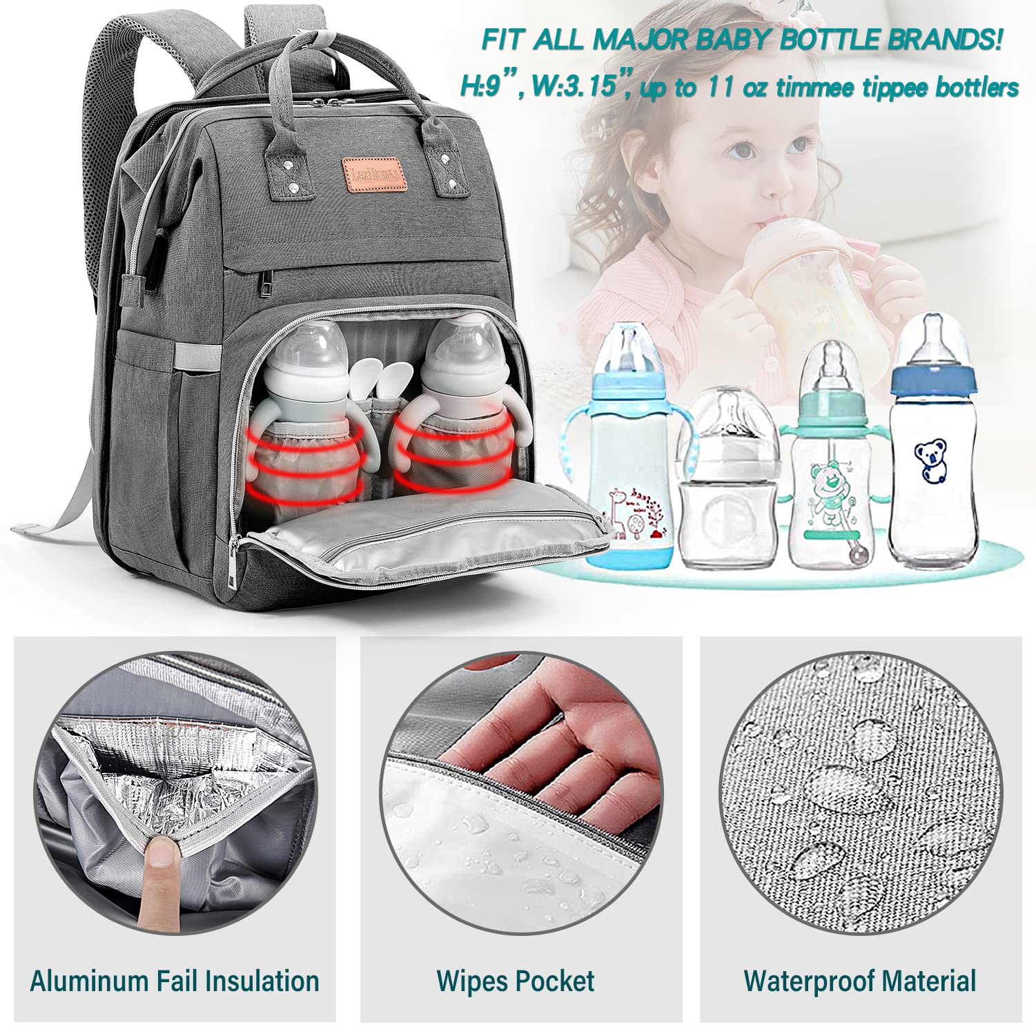 LexiRoman diaper bag backpack insulated bottle pockets keep bottles warm or cool.