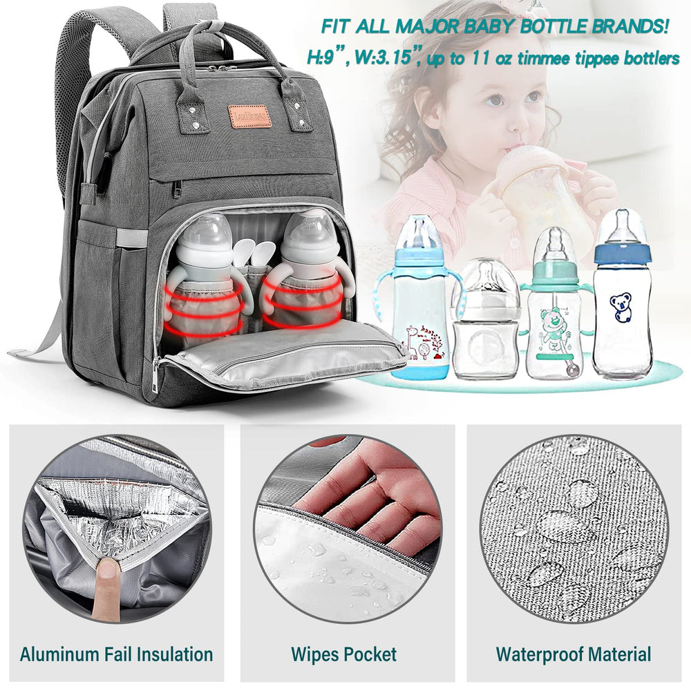 LexiRoman diaper bag backpack insulated bottle pockets keep bottles warm or cool.