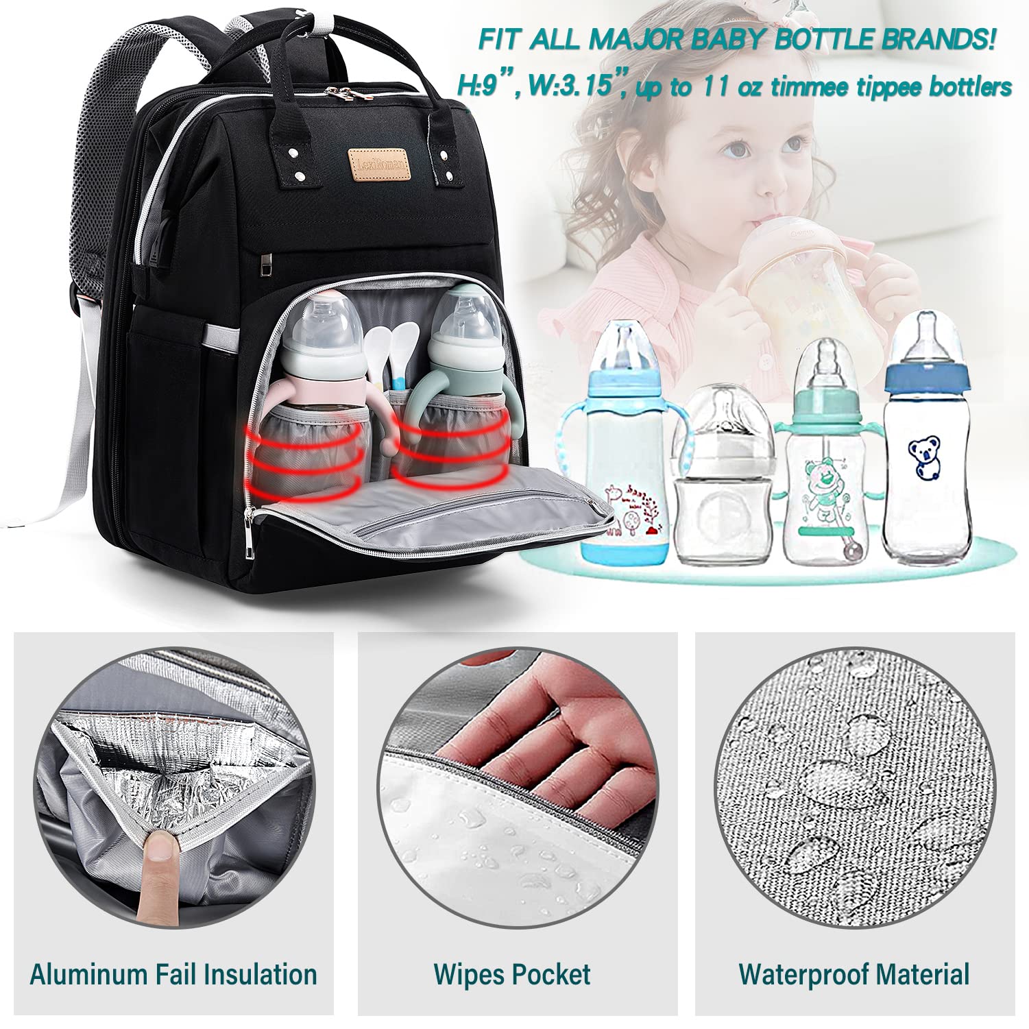 LexiRoman diaper bag backpack insulated bottle pockets keep bottles ready for feeding.