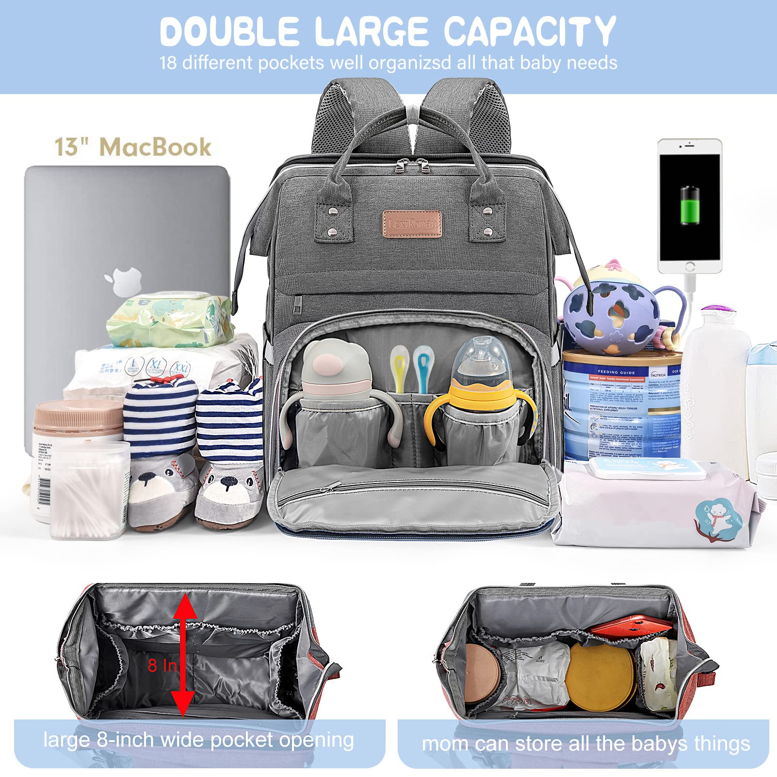 LexiRoman diaper bag backpack open main compartment showing organized pockets.