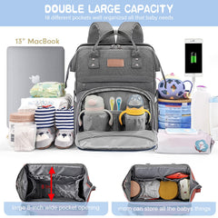 LexiRoman diaper bag backpack open main compartment showing organized pockets.
